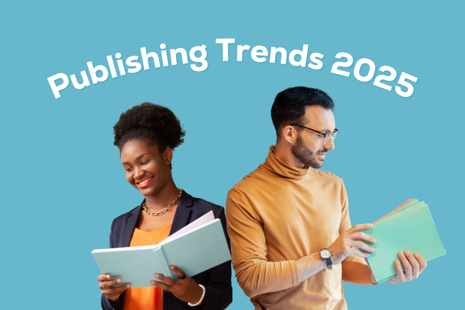 A man and a woman standing back to back, each holding a book, under the text "Publishing Trends 2025"
