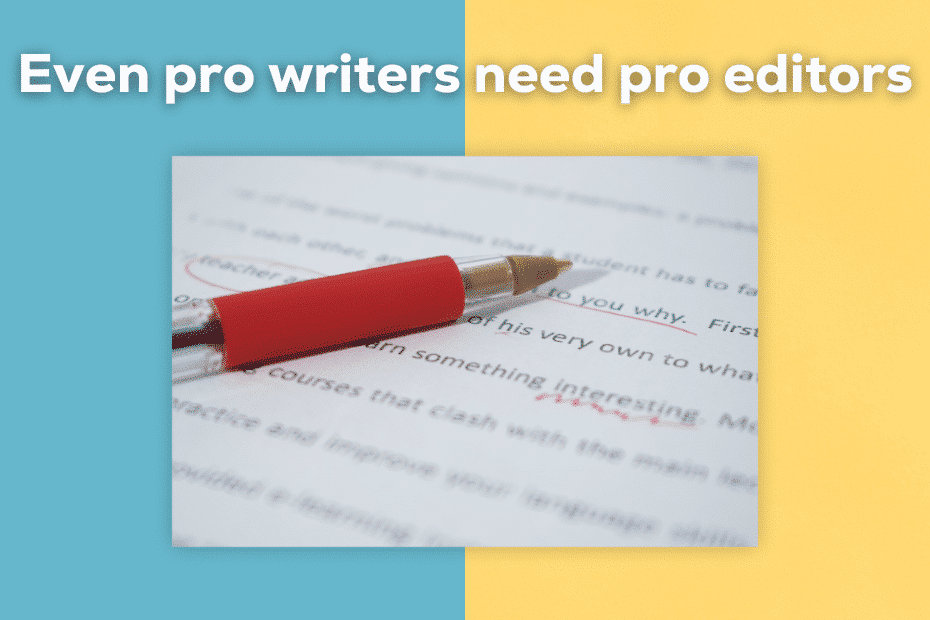 an image of a red pen laying on a piece of paper under the text "even professional writers need professional book editing"