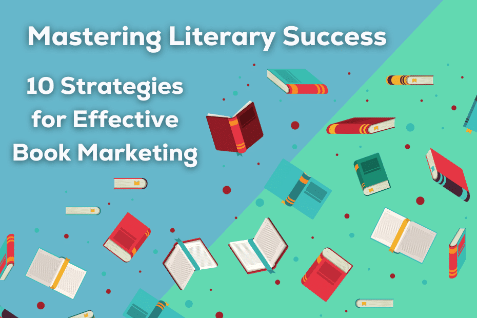 clipart of books scattered over the background next to the text "book marketing strategies"