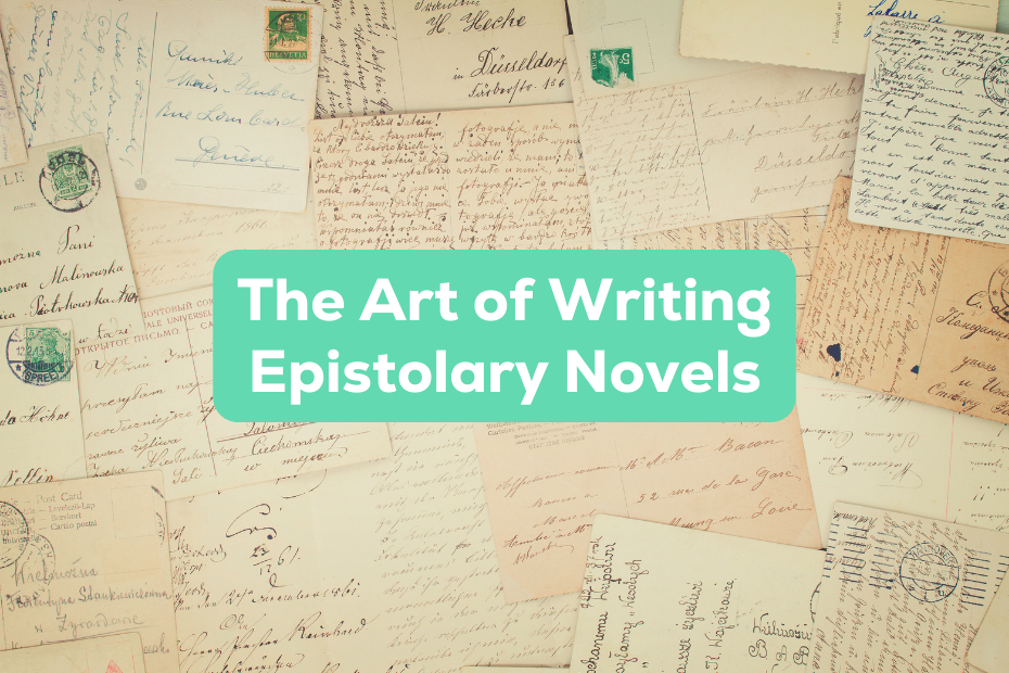 letters and envelopes spread across a table with the text "the art of writing epistolary novels" overlaid atop it