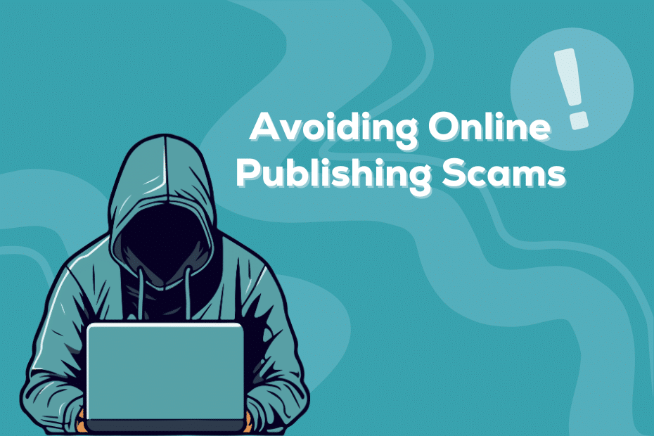 a mysterious hooded person sitting behind a computer with the text "avoiding online publishing scams"