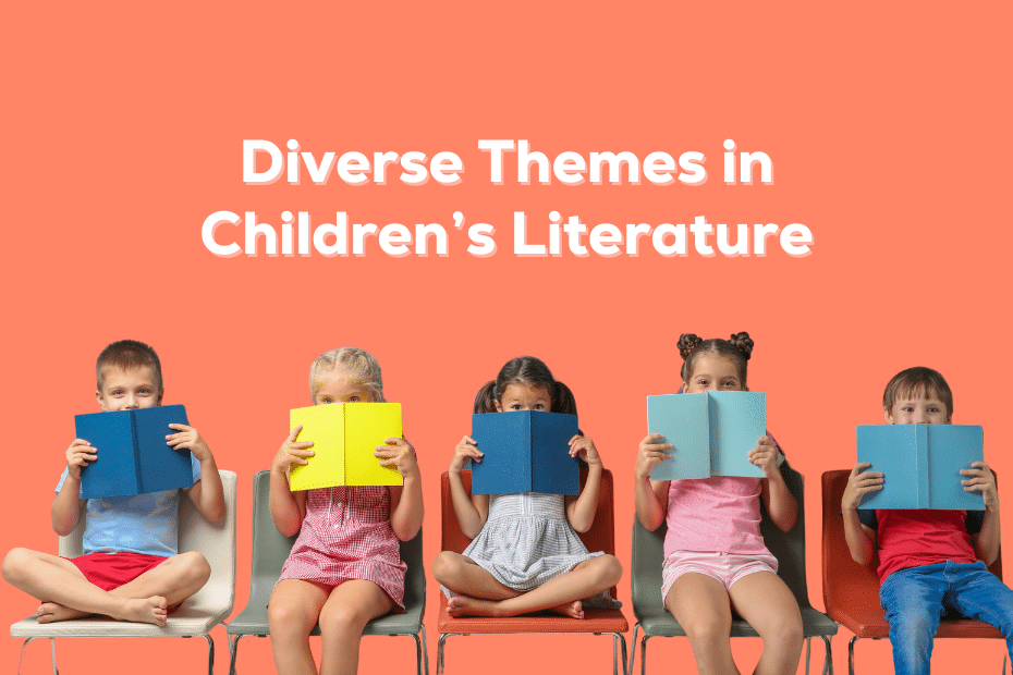 five children sitting in chairs reading books under the text "diverse themes in children's literature"