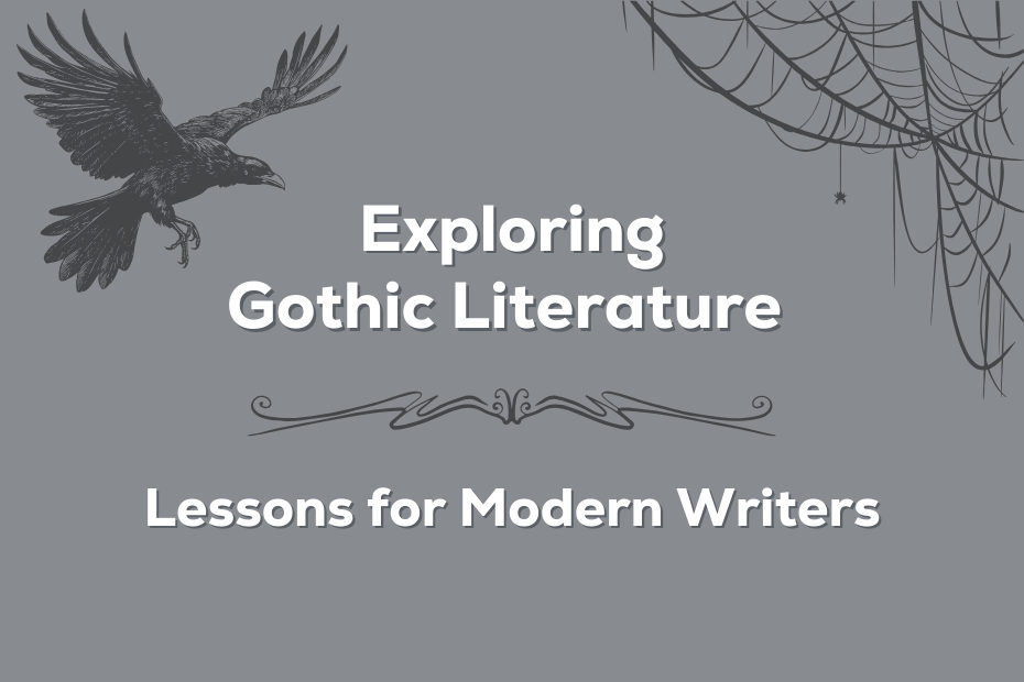 "Exploring Gothic Literature" text surrounded by clipart illustration of a raven and some cobwebs