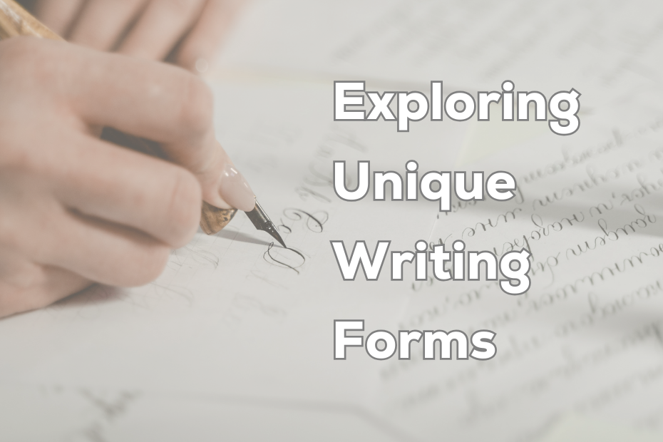 a hand writing with a calligraphy pen next to the text "exploring unique writing forms"