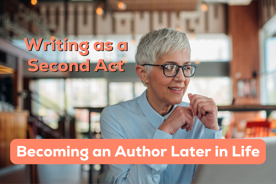 A woman with short gray hair and glasses sitting at a computer next to the text "Writing as a Second Act"