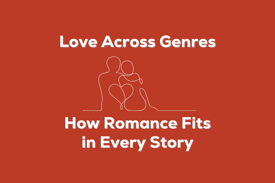 line art of a man with his arm around a woman and a heart between them alongside the text "Love across genres: How Romance Fits in Every Story"